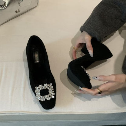 Square Toe Rhinestone Buckle Block Heel Pumps