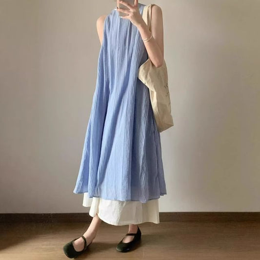 Sleeveless Round Neck Solid Pleated Maxi A-Line Dress
