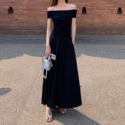 Short Sleeve Off-Shoulder Solid Maxi Flared Gown