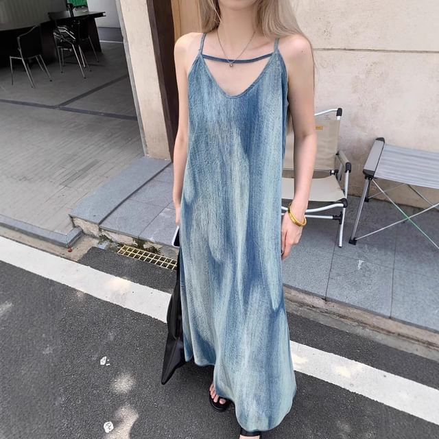 Thin Strap V-Neck Tie-Dye Floor-Length Flared Gown