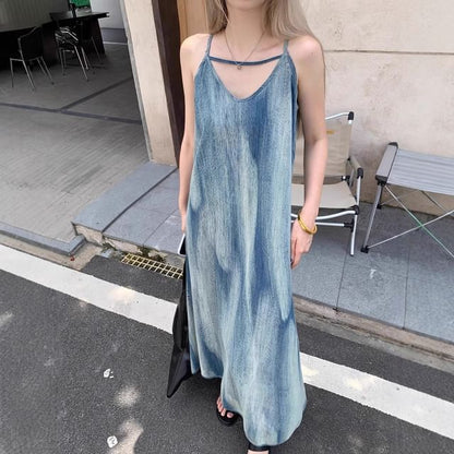 Thin Strap V-Neck Tie-Dye Floor-Length Flared Gown