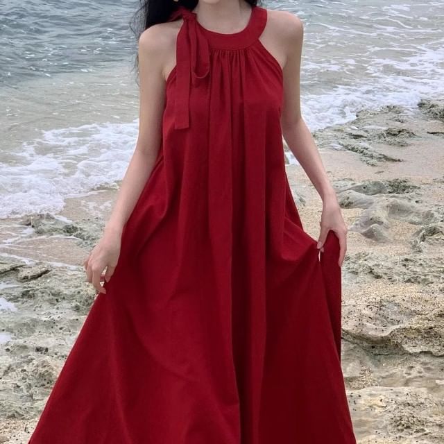 Sleeveless Crew Neck Solid Floor-Length Flared Gown