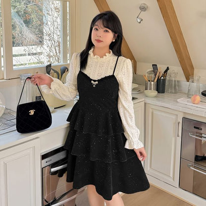 Plus Size Set: Puff-Sleeve Patterned Lace Blouse + Glitter Flower Embroidered Tiered Jumper Dress