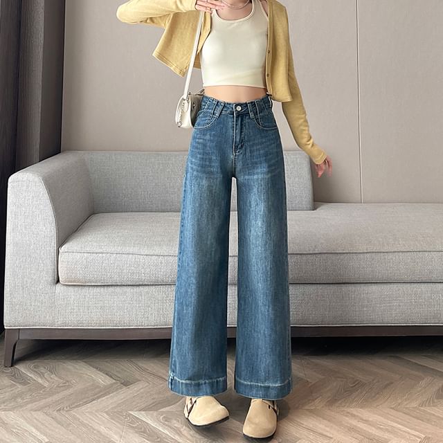 High Waist Washed Cropped Wide Leg Jeans (Various Designs)
