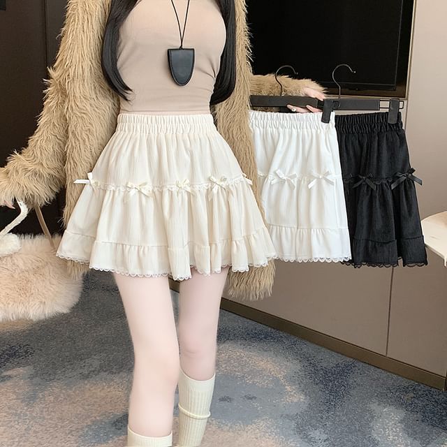 High Waist Plain Bow Accent Lace Trim Velvet Mini A-Line Skirt