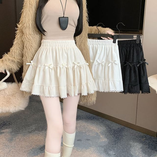 High Waist Plain Bow Accent Lace Trim Velvet Mini A-Line Skirt