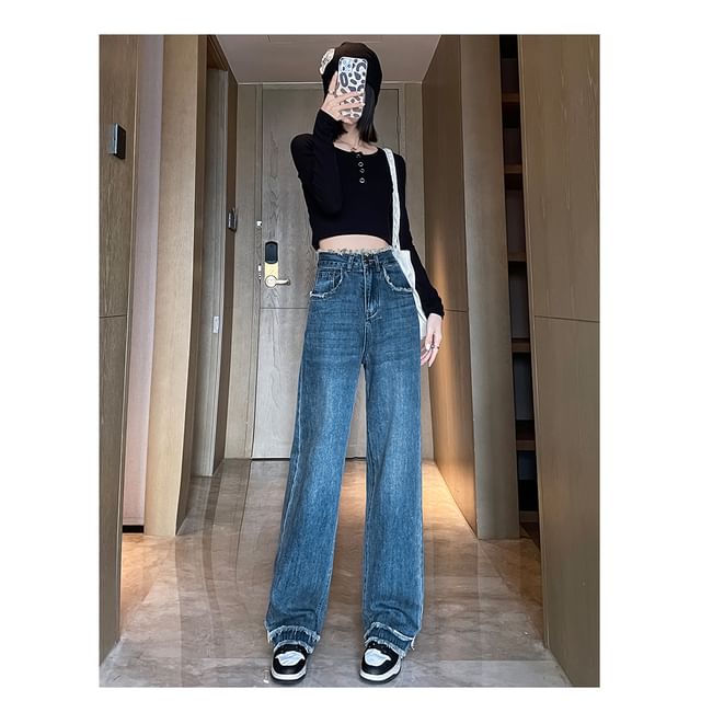 High Waist Washed Frayed Loose Fit Jeans (Various Designs)