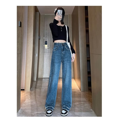 High Waist Washed Frayed Loose Fit Jeans (Various Designs)