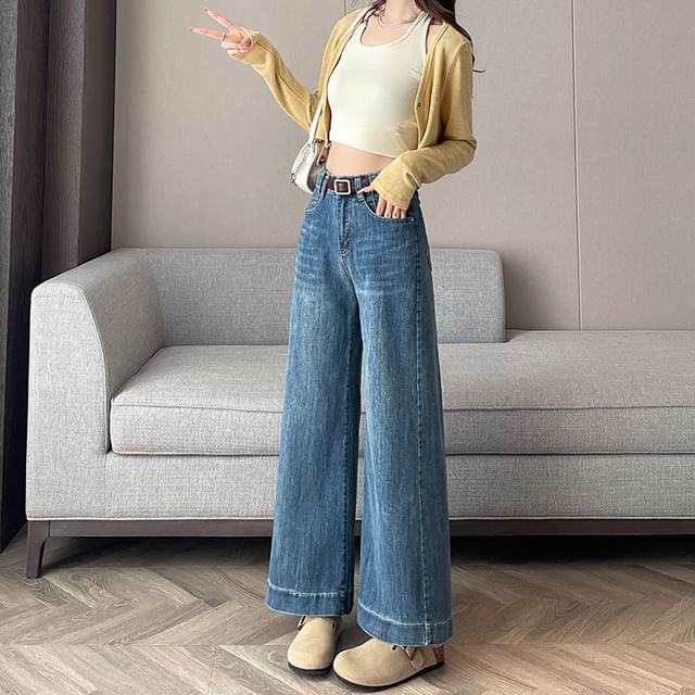 High Waist Washed Cropped Wide Leg Jeans (Various Designs)