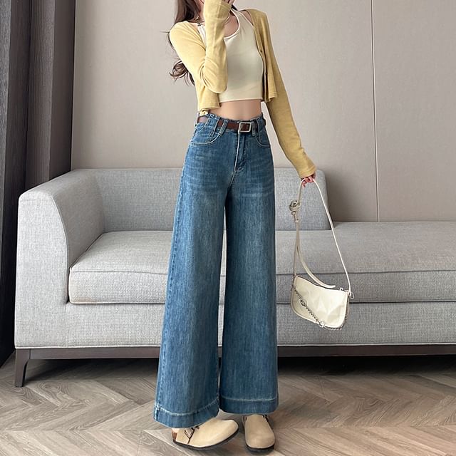 High Waist Washed Cropped Wide Leg Jeans (Various Designs)