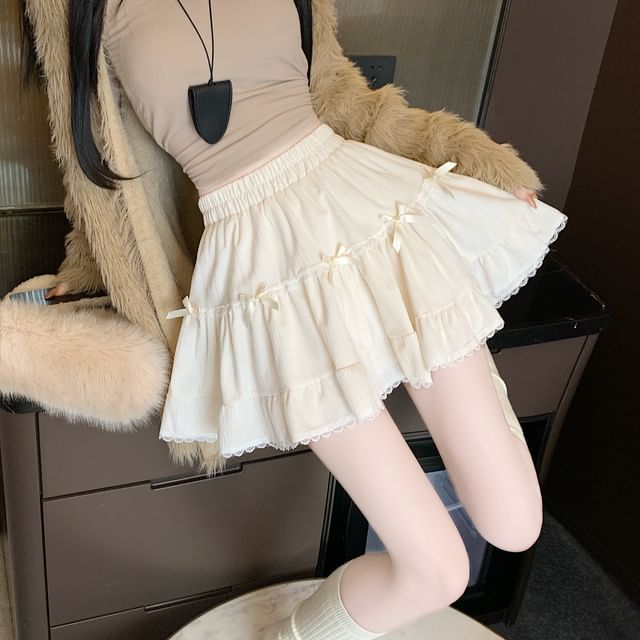 High Waist Plain Bow Accent Lace Trim Velvet Mini A-Line Skirt