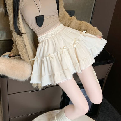 High Waist Plain Bow Accent Lace Trim Velvet Mini A-Line Skirt