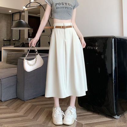 Set: High Rise Plain Midi A-Line Skirt + Belt