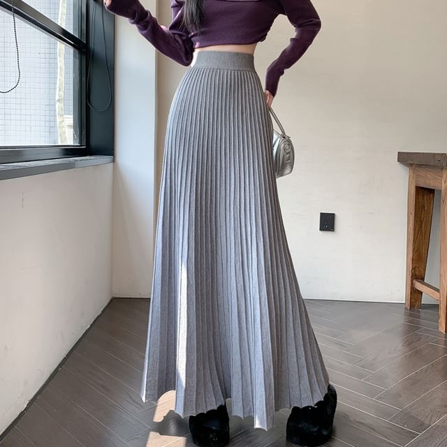 High Rise Plain Maxi A-Line Knit Skirt