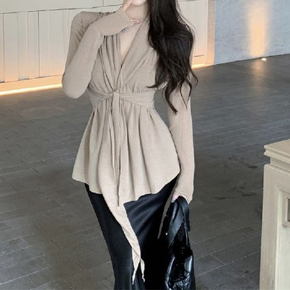 Shawl Tie Plain Waist Cardigan Collar