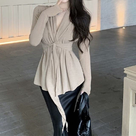 Shawl Tie Plain Waist Cardigan Collar