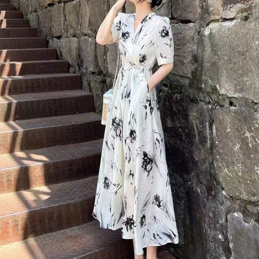 Floral V-Neck Print A-Line Midi Elbow-Sleeve Dress