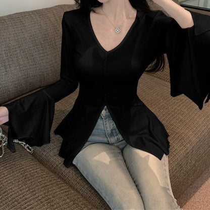 Slim Fit Slit T-Shirt V-Neck Long-Sleeve Plain