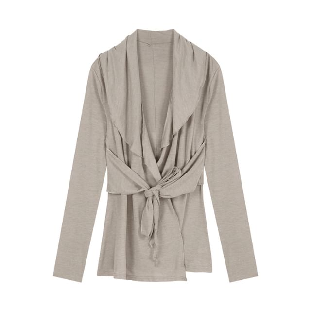 Shawl Tie Plain Waist Cardigan Collar