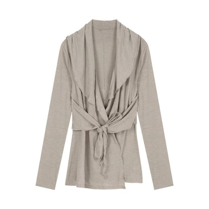 Shawl Tie Plain Waist Cardigan Collar