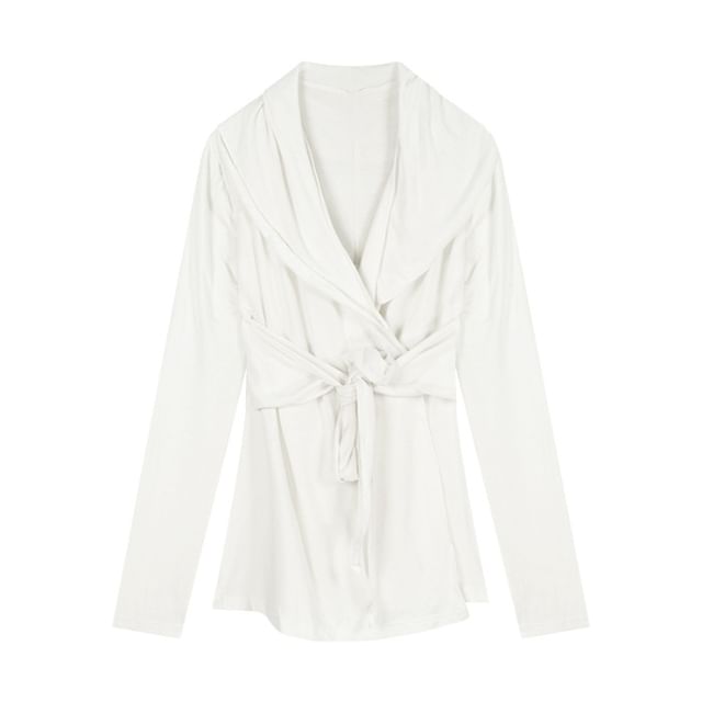 Shawl Tie Plain Waist Cardigan Collar