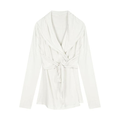 Shawl Tie Plain Waist Cardigan Collar