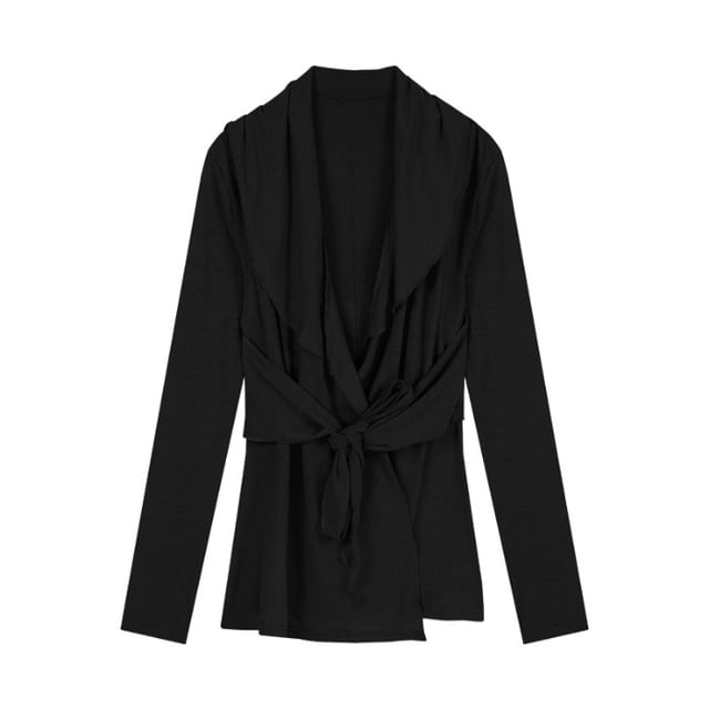 Shawl Tie Plain Waist Cardigan Collar