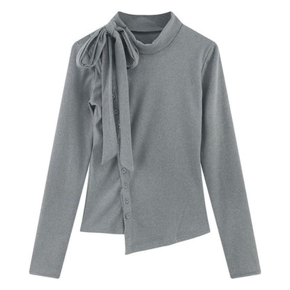 Button-Up Plain T-Shirt Asymmetrical Stand Collar Long-Sleeve