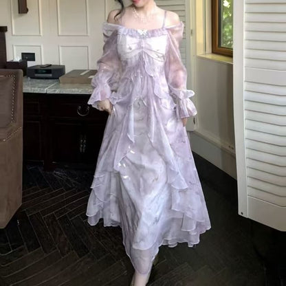 Long-Sleeve Cold Shoulder Tie Dye Butterfly Accent Ruffle Trim Maxi A-Line Dress