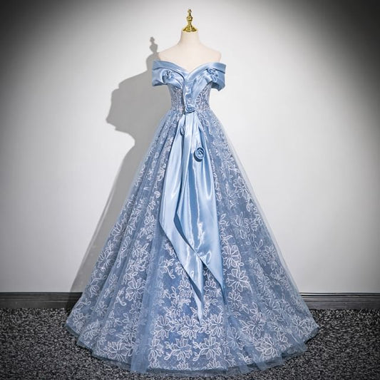 Embroidered Panel A-Line Off-Shoulder Gown Ball Mesh Flower