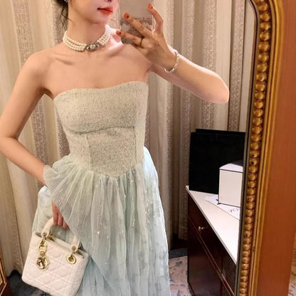 Strapless Sequined Tulle A-Line Floor-Length Dress
