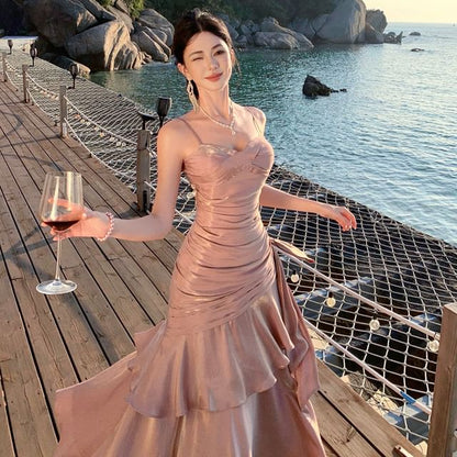 Spaghetti Strap Plain Ruched Panel A-Line Evening Dress