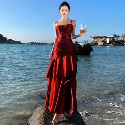 Spaghetti Strap Plain Ruched Panel A-Line Evening Dress