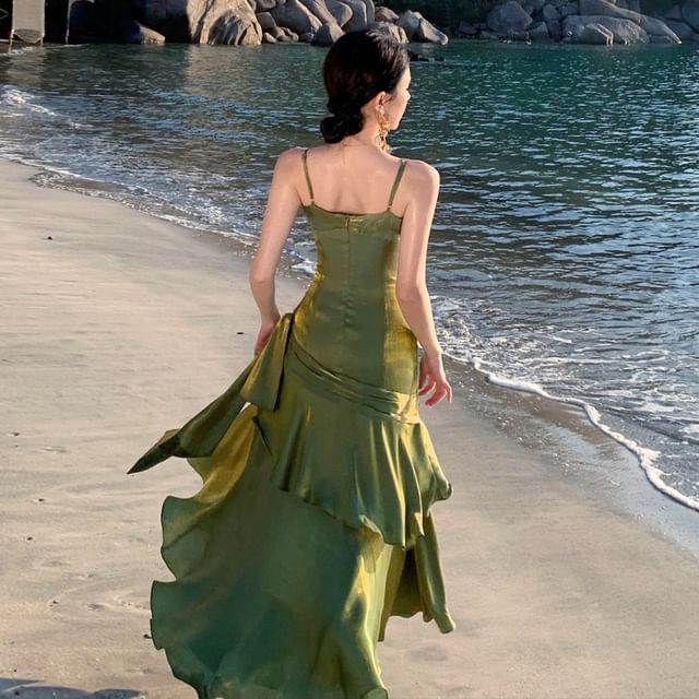 Spaghetti Strap Plain Ruched Panel A-Line Evening Dress