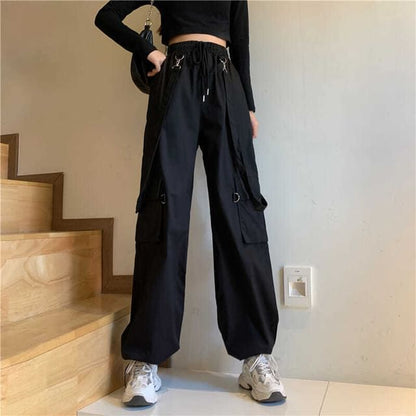 Drawstring Waist Plain Wide Leg Suspender Cargo Pants