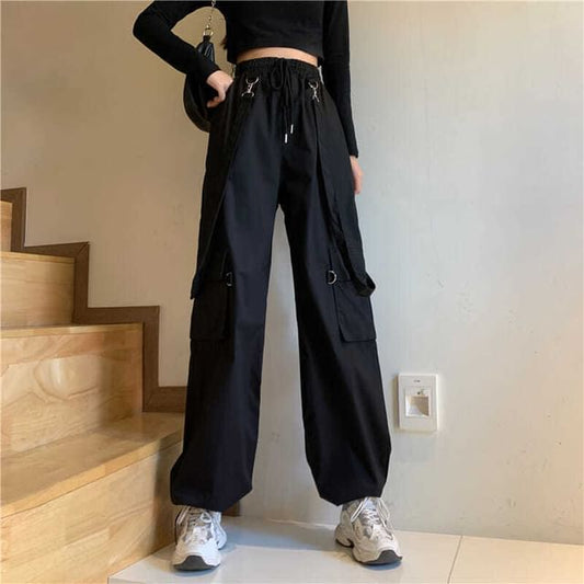 Drawstring Waist Plain Wide Leg Suspender Cargo Pants