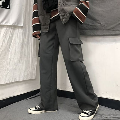 Elastic Waist Plain Fleece-Lined Wide Leg Cargo Pants