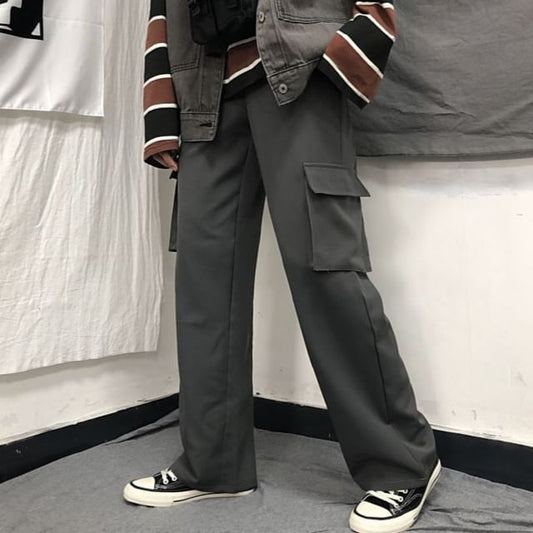 Elastic Waist Plain Fleece-Lined Wide Leg Cargo Pants