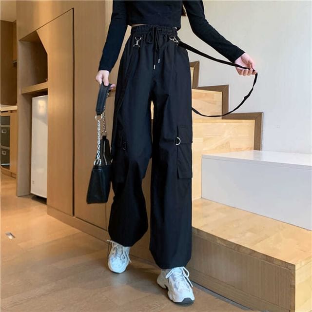 Drawstring Waist Plain Wide Leg Suspender Cargo Pants