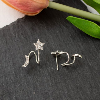 Rhinestone Star Crescent Climber Earring / Clip On Earring