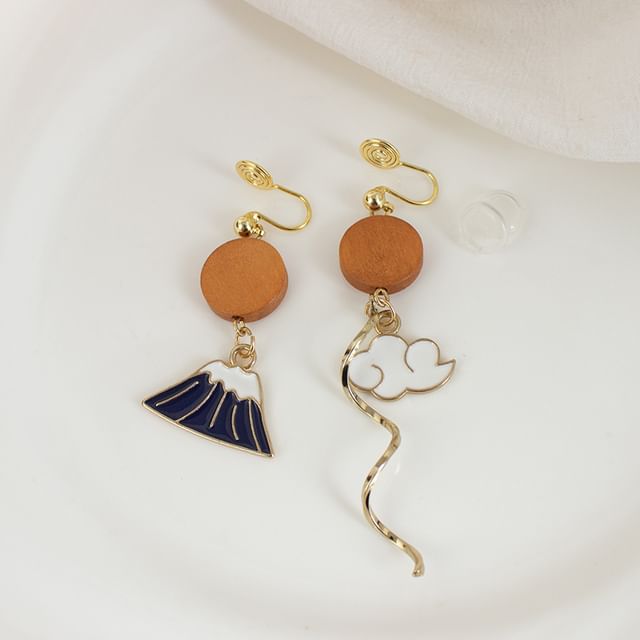 Enamel Mountain Asymmetrical Drop Earring / Clip On Earring
