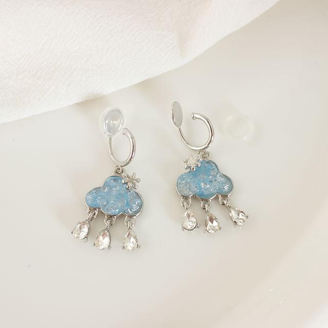 Rhinestone Cloud Hoop Drop Earring / Clip On Earring
