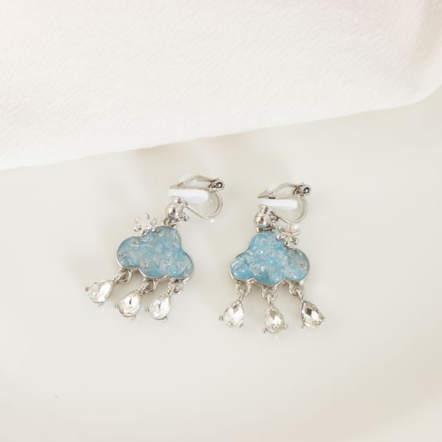Rhinestone Cloud Hoop Drop Earring / Clip On Earring