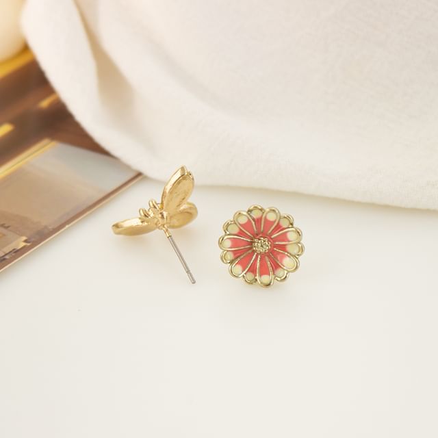 Enamel Flower Bee Asymmetrical Stud Earring / Clip On Earring