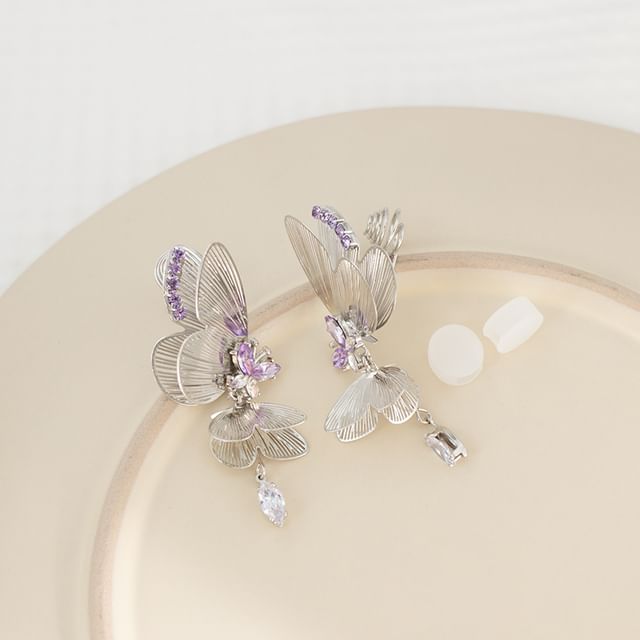 Rhinestone Butterfly Drop Earring / Clip On Earring