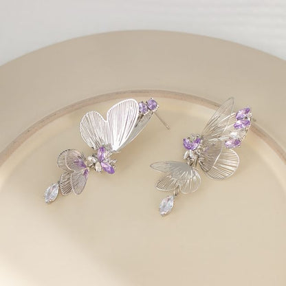 Rhinestone Butterfly Drop Earring / Clip On Earring
