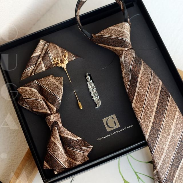 Striped Necktie & Accessory Set - Tie Clip Lapel Pin Pocket Square