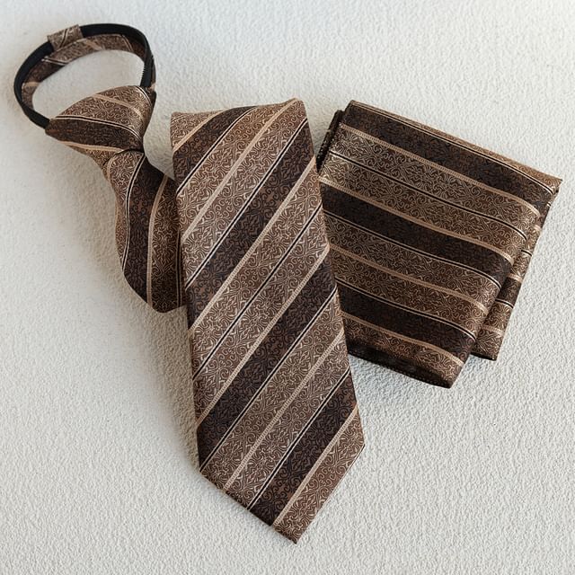 Striped Necktie & Accessory Set - Tie Clip Lapel Pin Pocket Square