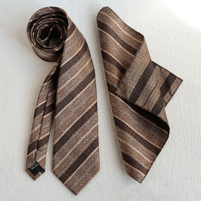 Striped Necktie & Accessory Set - Tie Clip Lapel Pin Pocket Square