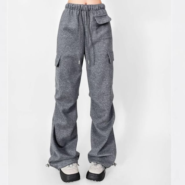 Drawstring Waist Plain Straight Leg Cargo Pants